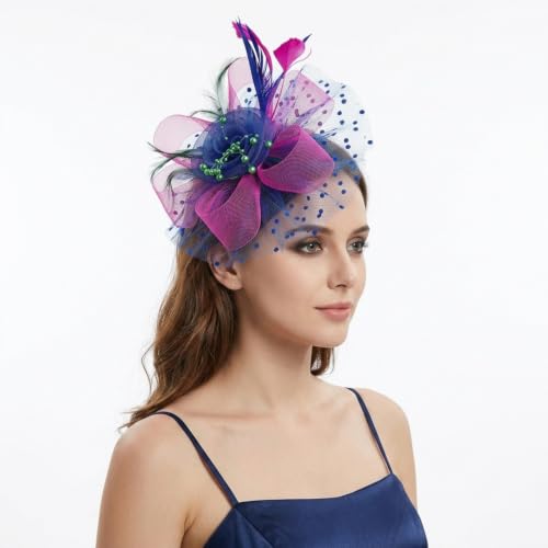 Image of DRESHOW Fascinators Hat Flower Mesh Ribbons Feathers on a Headband and a Clip Tea Party Headwear for Girls and Women