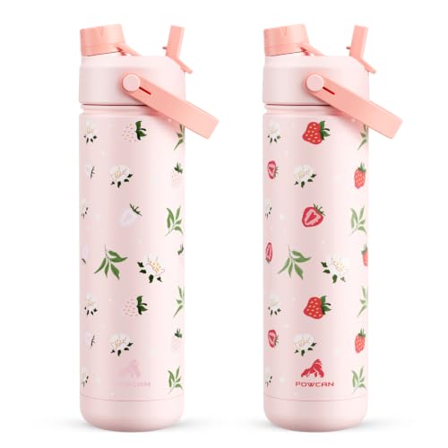Image of POWCAN 26 oz Insulated Water Bottle with 2-in-1 Straw and Spout Lid, Keep Cold 24H, Leak-Proof, Fits in Car Cup Holder, Stainless Steel Water Bottle for Sports, Travel, Gift (Sun-Kissed Strawberry)
