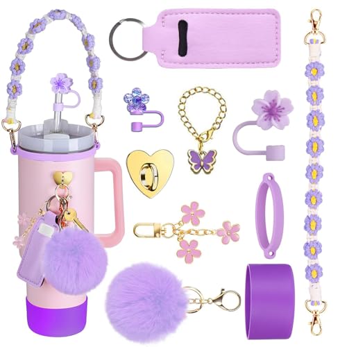 Stanley Cup Accessories Set, 10PCS Stanley Cup Decor Includes Stanley Straw Cover, Water Bottle Handle Strap, Silicone Stanley Cup Boot, Stanley Charms for Stanley Cup 40oz & 30 oz Tumbler, Purple