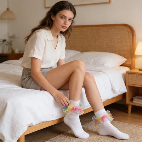 Image of Women Big Ruffle Ankle Socks Adult Double Lace Frilly Socks Fold Cuff Cotton Ruffled Dress Crew Bobby Bride Sock