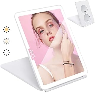 Micacorn LED Light Travel Makeup Mirror, 3X 5X Magnifying Vanity Mirror USB Charge Foldable Standing Mirror Touch Screen 3 Colors Brightness Adjustable Portable Cosmetic Mirror for Travel Makeup