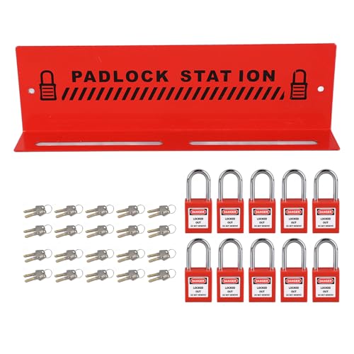 Lockout Tagout Locks Station, Loto Station for Safety Padlocks, Red Steel Padlock Rack Management Station with 10 Padlock Key Locks for Industrial Shutdown Lock