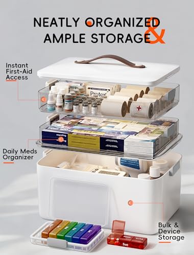 Image of Medicine Organizer Box, 3-Tier Medicine Storage Box with 7-Day Pill Case, Clear Trays and Carry Handle, Empty First Aid Kit Organizer for Pills and Bottles