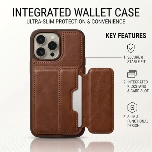 Image of amazon basics Luxury Vegan Leather Back Cover for iPhone 12 Pro Max | Built-in Card Holder Slot | Integrated Mobile Stand | Slim Shockproof Protective Case with Stitched Finish - Brown