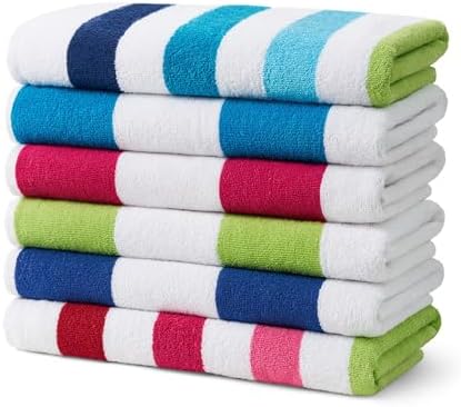 Ben Kaufman Cabana Stripe Beach & Pool Towel - Large Cotton Terry Beach Towel - Soft & Absorbant - Assorted Colors - 30" x 60" - 6 Pack