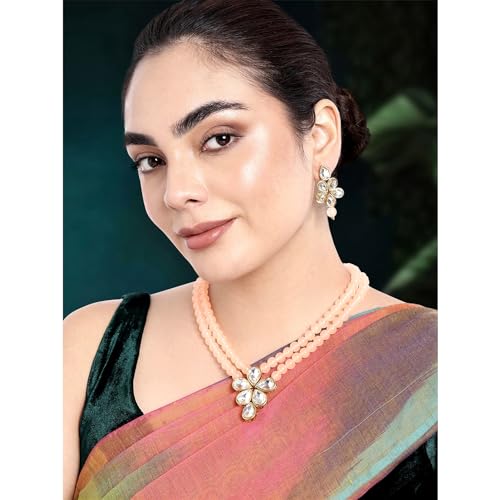 Image of Peora Crystal Faux Pearl Kundan Necklace & Jewellery Set Gift for Women