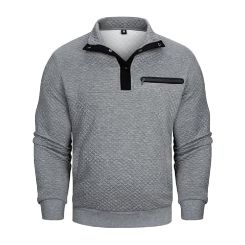 AOTORR Men's Quarter Collar Sweatshirt Casual Long Sleeve Waffle Outdoor Stand Collar Button Quilted Pullover Sweatshirts Grey L Cover