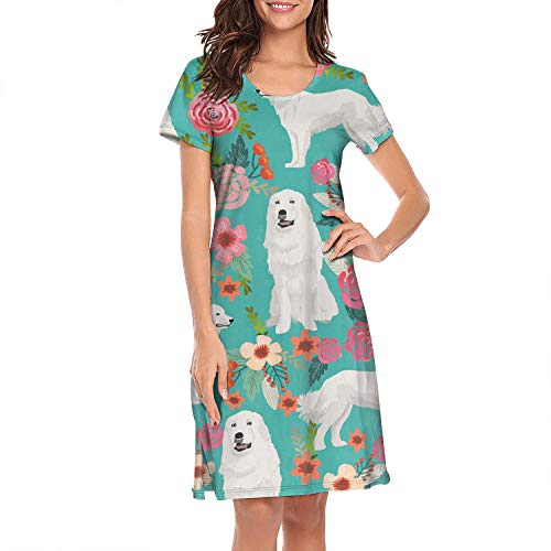 Great Pyrenees Floral Cute Dogs Women's Crew Neck Night Dress Ultra-Soft Sleepshirts Short Sleeve Sleep Shirt
