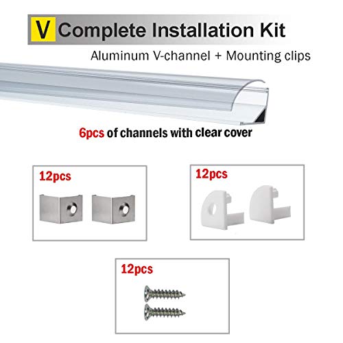 StarlandLed 6 PACK 1M/3.3ft V-Shape LED Channel Aluminum with Clear PC Cover for Strip Lights Mounting,LED Strip Light Channel with Complete Mounting Accessories