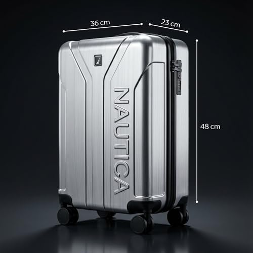 Image of Nautica 20 inch Polycarbonate Hard-Sided Unisex Cabin Luggage Trolley | 8-Wheel Spinner, Telescopic Handle | Durable, Secure Combination Lock | Modern Design Travel Suitcase for Men & Women | Silver