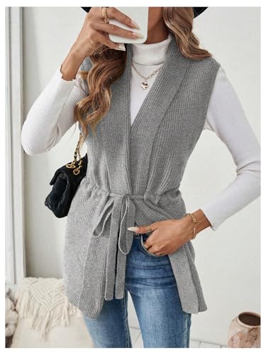 Verdusa Women's Open Front Drawstring Waist Knit Cardigan Vest V Neck Sleeveless Outerwear4