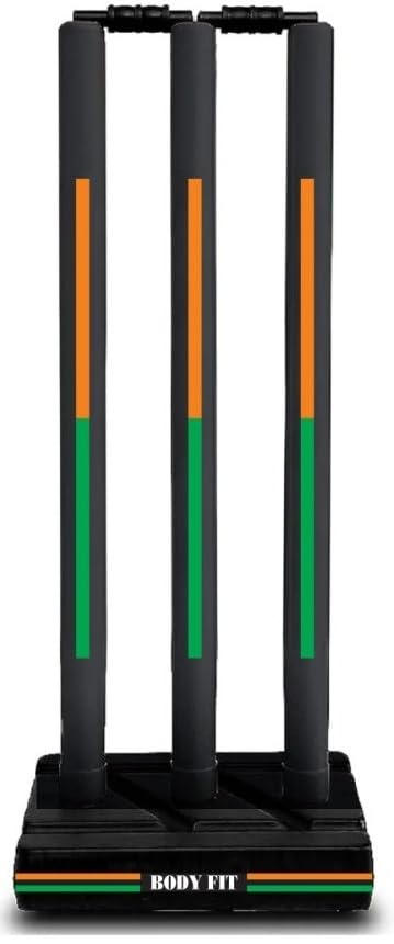 Image of BodyFit Premium Cricket Wicket Set l Heavy Duty Plastic l Standard Size l 3 Stumps+2 Bails+1 Stand Set l Professional Quality for Cricket Ground, Match, and Tournament. (Black-OraGreen)