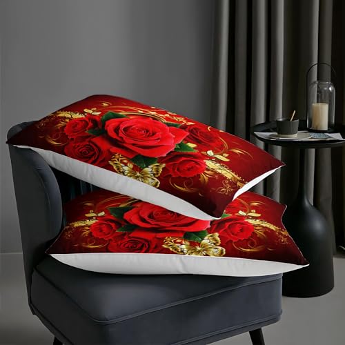 Image of AILONEN Red Rose Comforter Set Queen Size, Romantic Love Floral Theme Bedding Set,Red Flower Couple Lover Comforter 3 Pieces Bed in a Bag, 1 Quilt and 2 Pillowcases