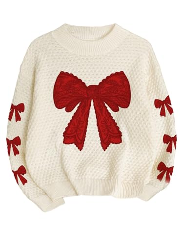 Image of BEAUDRM Girl's Bow Sweater Crew Neck Cute Sweaters Long Sleeve Knit Pullovers Sweater