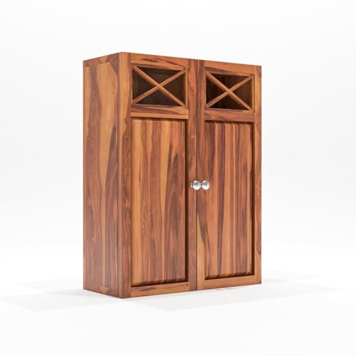 Image of Sheesham Wood Kitchen Cabinet for Home | Wall Mounted Kitchen Rack with Storage | Wooden Kitchen Unit /Organizer with 2 Door Cabinet Furniture with Storage | (Honey Finish)