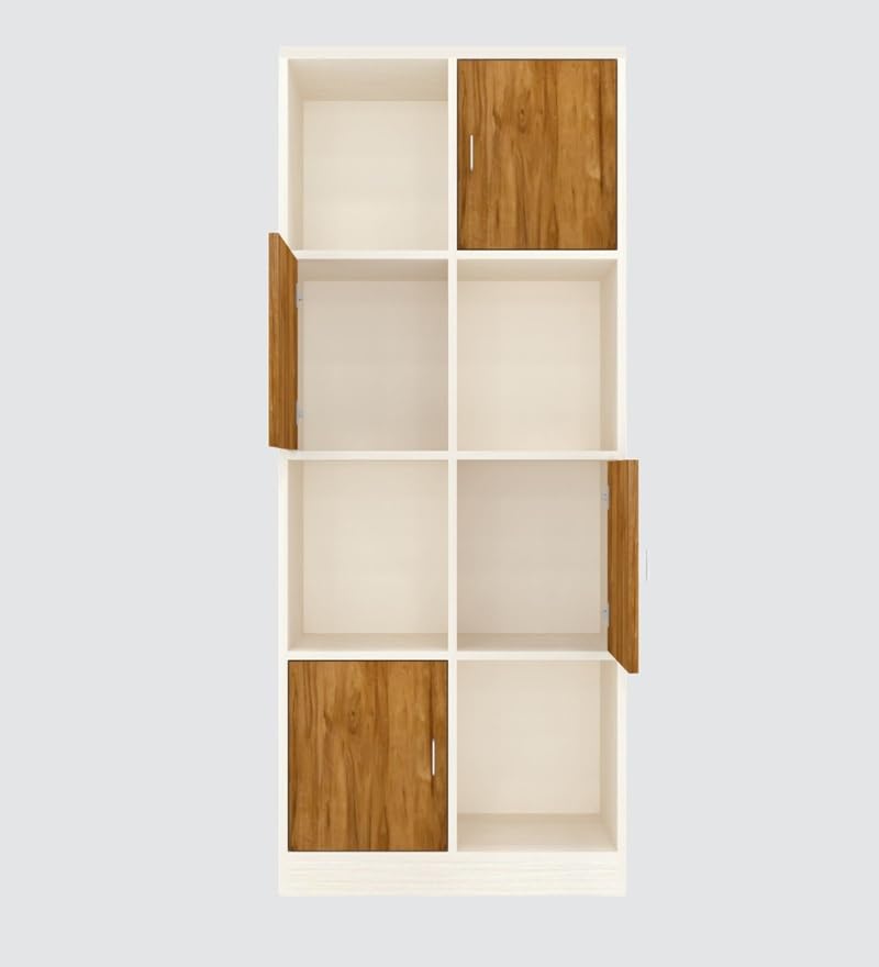 Image of SPECIALITY PANELS 8 Cube Bookshelf with Doors, White and Wood Finish Storage Organizer, 176x73x35 cm, 4 Open and 4 Closed Compartments