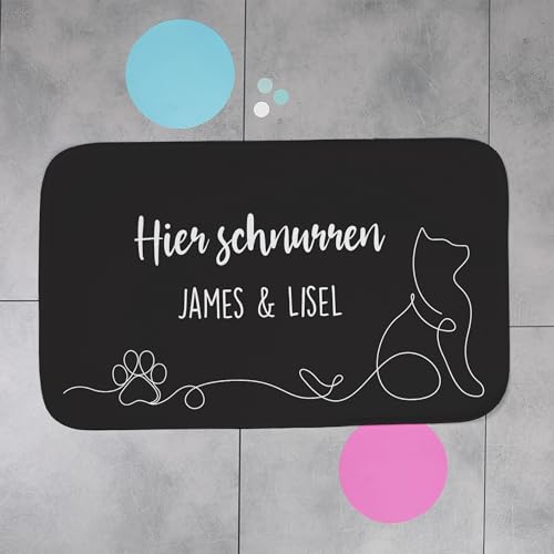 Herz & Heim® Personalisierbare Napfunterlage für Katzen – rutschfeste Futtermatte mit Wunschtext – Haustier-Platzdeckchen Motiven (Schwarz, 76 cm x 45 cm (B/H))