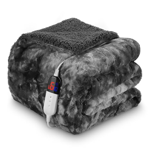 CURECURE Electric Heated Soft Faux Fur Sherpa Blanket Throw 180 X 130cm, 6 Heating Levels & 1-10 Hours Adjustable Auto-Off Levels, Fast Heating & Overheating Protection, Machine Washable (Dark Gray)
