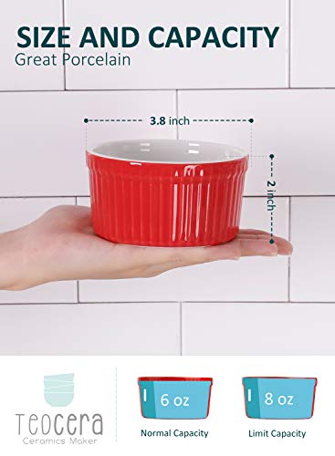 Teocera Porcelain Ramekins, Souffle Dishes - 8 oz for Souffle, Creme Brulee and Pudding - Set of 6, Red