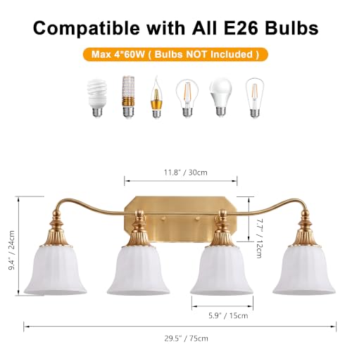 Image of LmnLvn 4‑Light Bathroom Vanity Light, Matte White with Crystal Glass Shade