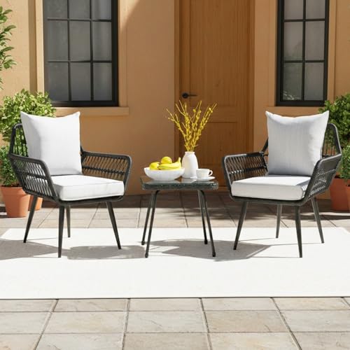 Image of DEVOKO Rope 3-Piece Outdoor Patio Garden Chair Table Bistro Set with Water-Resistant Cushions & HDPE Metal Frame for Balcony, Terrace, Poolside(Black & Grey)