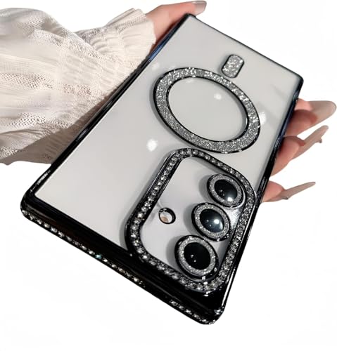 Image of for Samsung Galaxy Glitter Case,Luxury Bling Rhinestone Diamond Plated Bumper Case,MagSafe, Sparkle Camera Lens Protection Clear Back Cover (Black, for Samsung S24 Plus 5G)