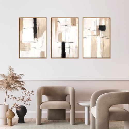 CHDITB Wooden Framed Abstract Yellow Gray Canvas Wall Art,Set of 3 Modern Abstract Canvas Wall Poster,Black and White Wall Prints,30x40cm Neutral Minimalist Wall Decor for Living Room,Bedroom,Office - Image 2