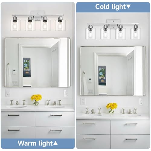 Image of Modern Brushed Nickel 4 Light Bathroom Light Fixtures, 24 inch Vanity Lights for Bathroom with Clear Glass, Bathroom Vanity Light for Mirror Kitchen Living Room Hallway Cabinet Porch