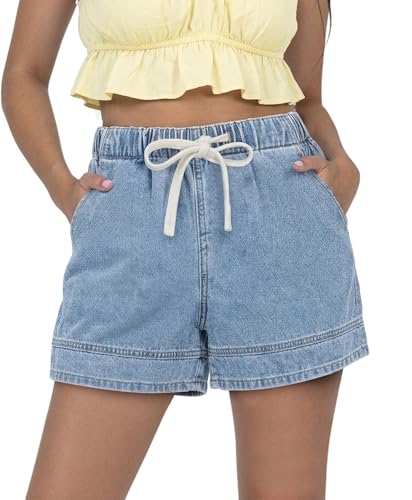 SANMM Women Jean Shorts 2026 Trendy Pull On High Waisted Denim Shorts Stretchy Drawstring Elastic Waist Shorts for Summer Light Blue M