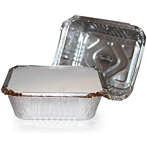 Tiger Chef 00542-00582@100PK Durable Aluminum Oblong Foil Pan Containers with Board Lids, 1 lb. Capacity, Foil Take-Out Pans with lids, 5.56" x 4.56" x 1.63" (Pack of 100)