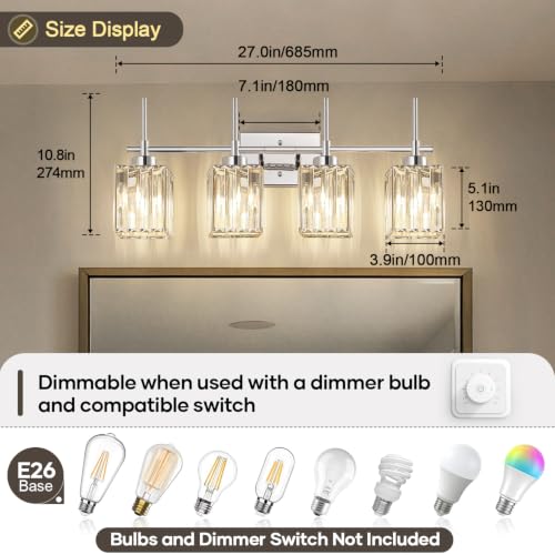 Image of Torondo Modern Crystal Bathroom Vanity Light 4-Lights Chrome Bathroom Light Fixtures Over Mirror Vanity Lighting Fixtures Gold Square Shade Wall Sconce (Bulbs Not Include)