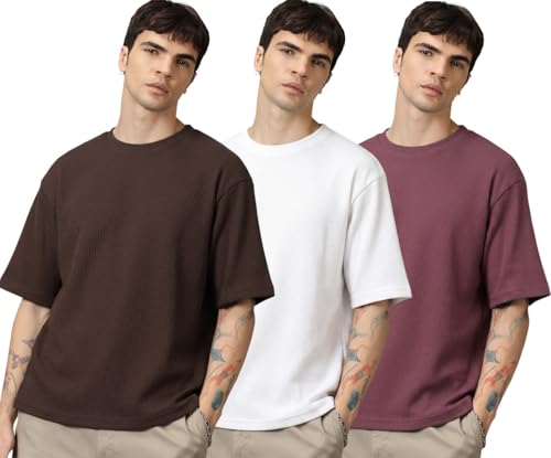 Image of RodZen Oversized Baggy Fit Half Sleeves Round Neck Solid Cotton Blend Combo T-Shirt for Men (Pack of 3)