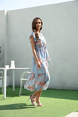 Image of VintageClothing Womens Sundress Casual Floral Summer Boho Dress | Flowy Wrap V Neck Ruffle A-Line Pleated Hem Midi Dresses