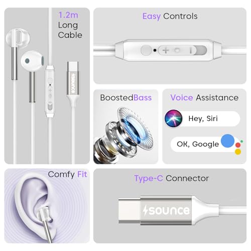 Image of Sounce HyperC Type-C Wired Earphones with 14.2mm Dynamic Drivers, HD Mic, Deep Bass Stereo Sound, Ergonomic Noise-Isolating Earbuds, TPE Cable, Smart in-Line Controls for Superior Audio (White)