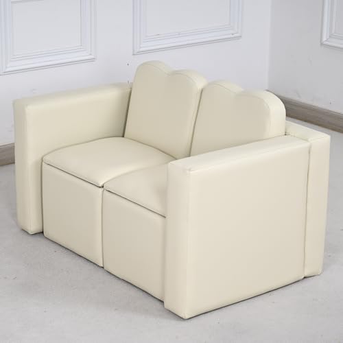 IKIFLY キッズ ソファ 子供用ソファーテーブル セット 2人掛け 肘掛けがテーブルになるソファ収納付き 組立不要 読書用多機能子ども用 チェア キッズルーム 子供部屋 リビング (ベージュ)