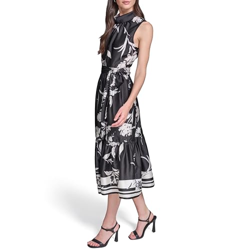 Image of Karl Lagerfeld Women's Sleeveless Mock Neck Printed Scarf Twill Boarder Print Midi Dress
