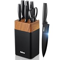 Yabano Set Coltelli da Cucina 7 Pezzi con Ceppo in Plastica e Affilatore Integrato, Lame Antiaderenti e Antiruggine in Acciaio Inox (Nero)