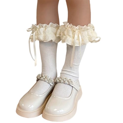 Breathable Puff Lace Socks For Girl School Kid Kneehigh Stretchy Cotton For Spring Dress Midcalf Party Socks