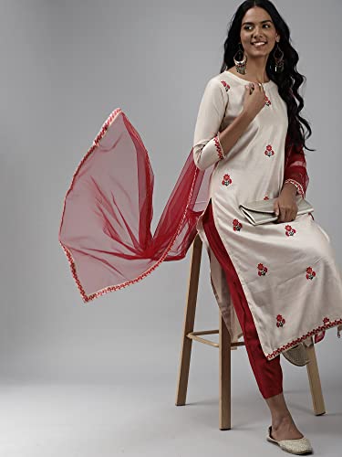 Image of INDO ERA Women's Viscose Embroidered Straight Kurta with Pant & Dupatta Set (PRMDJ2445)