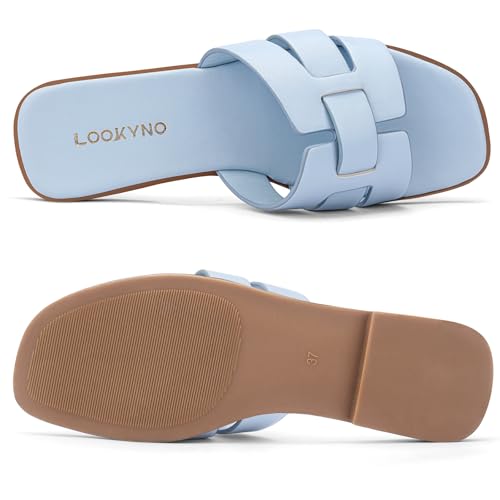 Image of Flat Sandals for Women Comfortable Slip On Dressy Summer Leather Slides with Square Open Toe