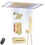 Enga Luxus Badewannen-Duschsystem, Deckenhalterung, 35,6 x 50,8 cm, LED-Duschkopf mit 15,2 cm Duschkopf, Wasserfall-Wannenauslauf Duscharmatur-Set, gebürstetes Gold