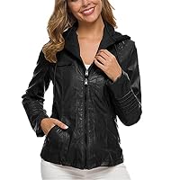 Elonglin Blouson Femme Similicuir à Capuche Courte - Veste Moto Style Zippée Manches Longues