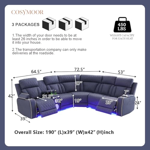 Image of Power Recliner Sectional Sofa with Bass Speakers for Living Room, Sanded Leather Reclining Sofa Corner Sectional Couches Set, Cup Holder, Storage Console for Home Theater Seating