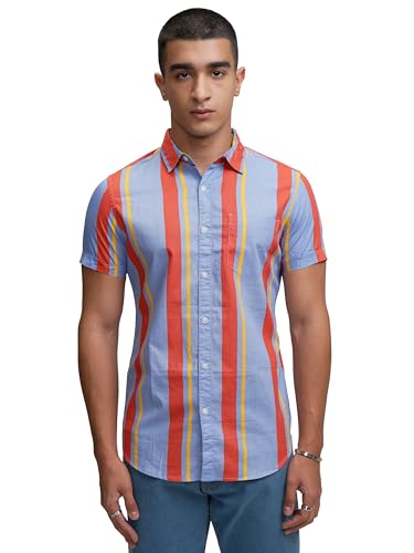 Image of Highlander Men's Casual Shirt | Striped | Slim Fit | Short Sleeves | Vertical Stripes a Sleek Look