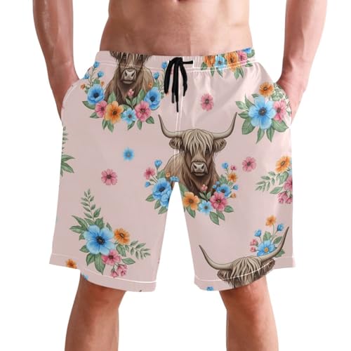 Men's Swim Trunks Quick Dry Swimming Shorts with Pocket Highland Cows Blue Floral Swimsuit Trunks