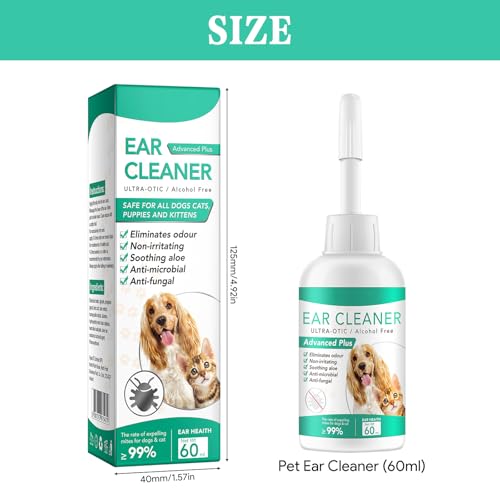 PEGRAUFC Ohrenreiniger Hund, 60ml Ohrentropfen Ohrentropfen Milben, Hund Ohrentropfen stoppen Ohren Entzündungen und Juckreizskin Tag Removal Ohrreiniger für Hunde, Katzen und Alle Anderen Tiere