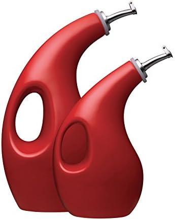 Rachael Ray Solid Glaze Ceramics EVOO Olive Oil Bottle Dispenser with Spout Set, 2 Piece, Red