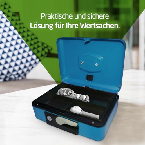 Amig - Sicherheits Geldkassette aus Stahl | Mit Münzfach, Vernickeltem Schloss | Vielseitig für Zuhause und Büro | Blau, 230 x 185 x 80 mm, Legierter Stahl