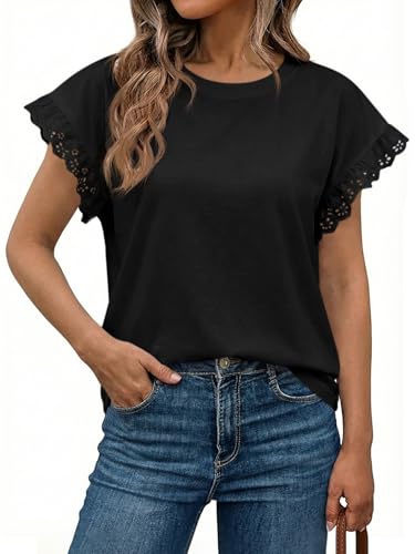 Image of Tankaneo Womens Summer Crewneck T-Shirts Lace Cap Sleeve Tops Dressy Casual Loose Fit Work Basic Tees Outfits 2026