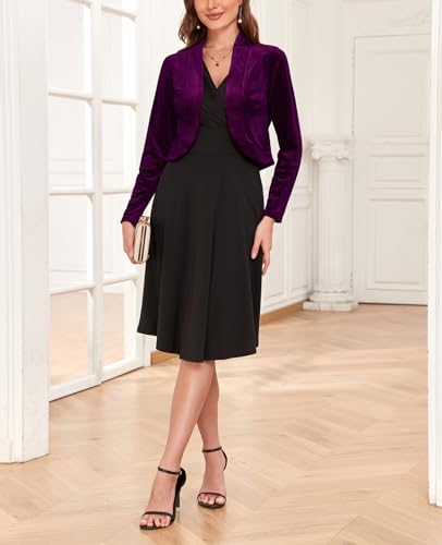 Image of Women's Long Sleeve Velvet Shrug for Dresses Cocktail Party Open Front Cropped Bolero Cardigan Top